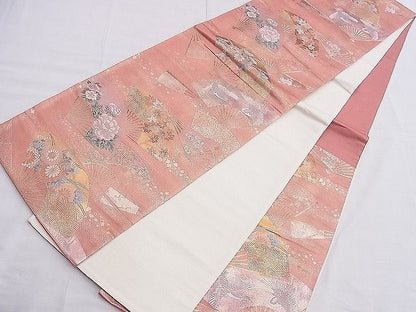 平和屋着物◎六通柄袋帯 唐織 扇面飛鶴草花文 金銀糸 逸品 BAAE9295hz
