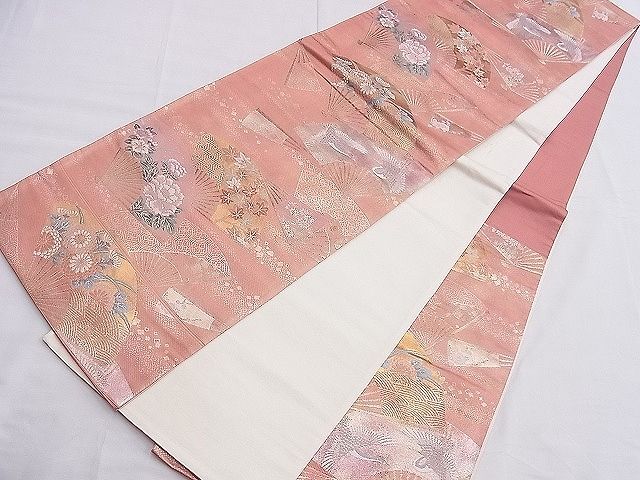 平和屋着物◎六通柄袋帯 唐織 扇面飛鶴草花文 金銀糸 逸品 BAAE9295hz