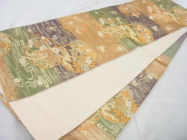 平和屋着物◎六通柄袋帯 唐織 雪輪重ね御所車花文 金糸 逸品 BAAE8641cm