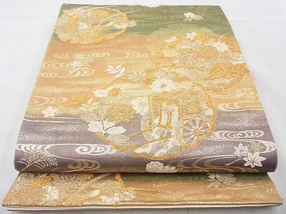 平和屋着物◎六通柄袋帯 唐織 雪輪重ね御所車花文 金糸 逸品 BAAE8641cm