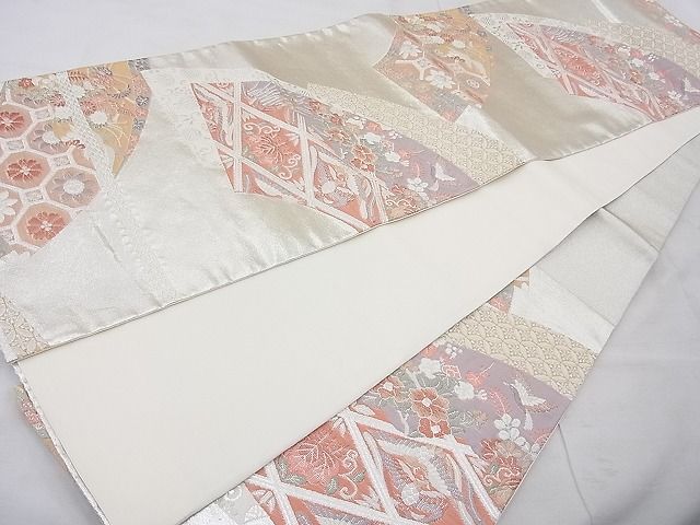 平和屋着物◎六通柄袋帯 唐織 地紙花鳥文 銀糸 逸品 BAAE8657cm