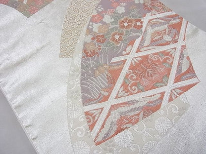 平和屋着物◎六通柄袋帯 唐織 地紙花鳥文 銀糸 逸品 BAAE8657cm