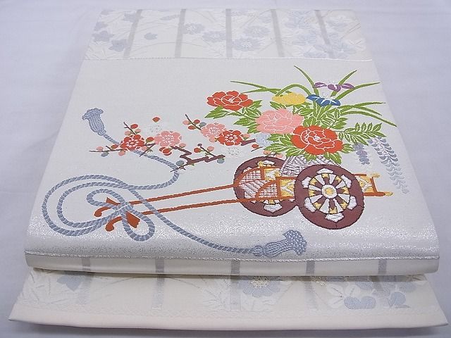 平和屋着物◎六通柄袋帯 唐織 駒刺繍 花車文 金銀糸 逸品 BAAE8696cm