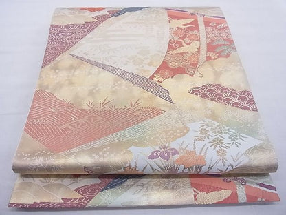 平和屋着物◎六通柄袋帯 飛鶴草花文 金糸 逸品 BAAE8697cm