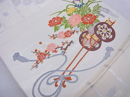 平和屋着物◎六通柄袋帯 唐織 駒刺繍 花車文 金銀糸 逸品 BAAE8696cm