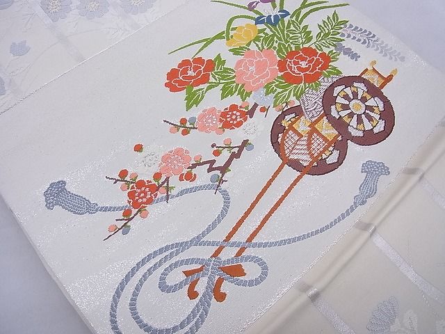 平和屋着物◎六通柄袋帯 唐織 駒刺繍 花車文 金銀糸 逸品 BAAE8696cm