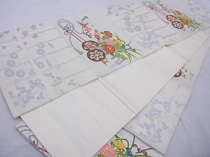平和屋着物◎六通柄袋帯 唐織 駒刺繍 花車文 金銀糸 逸品 BAAE8696cm