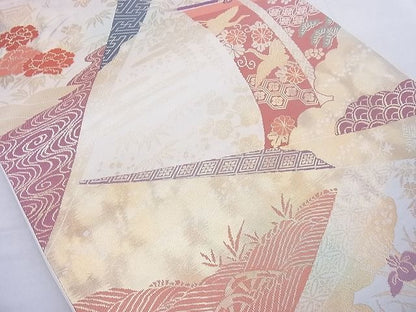 平和屋着物◎六通柄袋帯 飛鶴草花文 金糸 逸品 BAAE8697cm