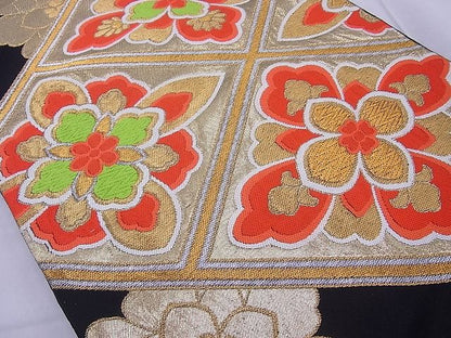 平和屋着物◎六通柄袋帯 唐織 花菱文 黒地 金銀糸 逸品 BAAF5425cm