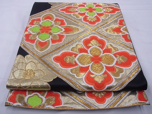 平和屋着物◎六通柄袋帯 唐織 花菱文 黒地 金銀糸 逸品 BAAF5425cm
