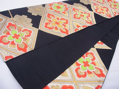 平和屋着物◎六通柄袋帯 唐織 花菱文 黒地 金銀糸 逸品 BAAF5425cm