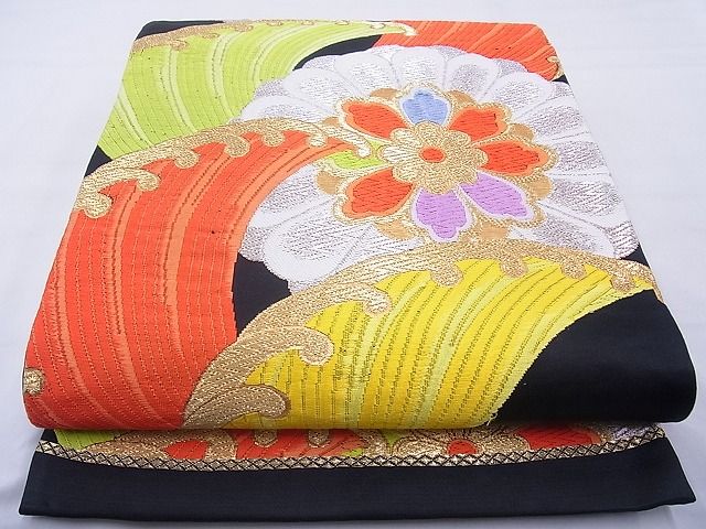 平和屋着物◎六通柄袋帯 唐織 立波花文 黒地 金銀糸 逸品 BAAF5427cm