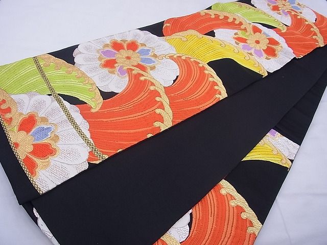 平和屋着物◎六通柄袋帯 唐織 立波花文 黒地 金銀糸 逸品 BAAF5427cm