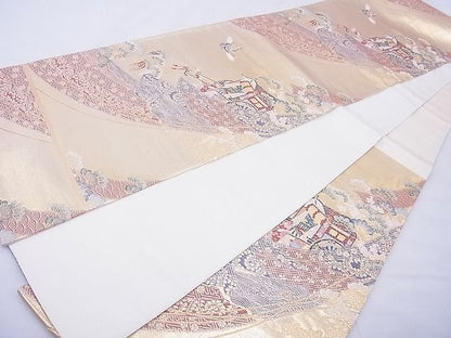 平和屋着物◎六通柄袋帯 唐織 御所車飛鶴花文 金糸 引箔 逸品 BAAF5433cm