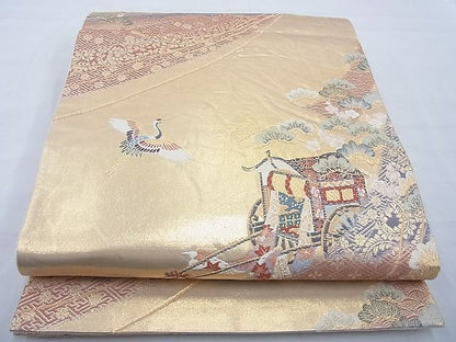 平和屋着物◎六通柄袋帯 唐織 御所車飛鶴花文 金糸 引箔 逸品 BAAF5433cm