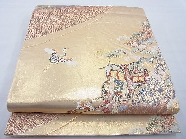 平和屋着物◎六通柄袋帯 唐織 御所車飛鶴花文 金糸 引箔 逸品 BAAF5433cm