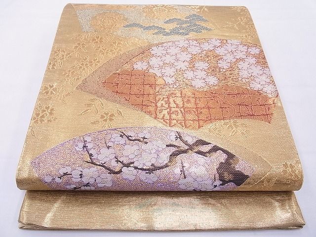 平和屋着物◎六通柄袋帯 唐織 地紙重ね花文 金糸 逸品 BAAF5440cm