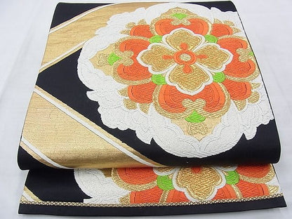 平和屋着物◎六通柄袋帯 唐織 正倉院花文 黒地 金銀糸 逸品 BAAE7626du