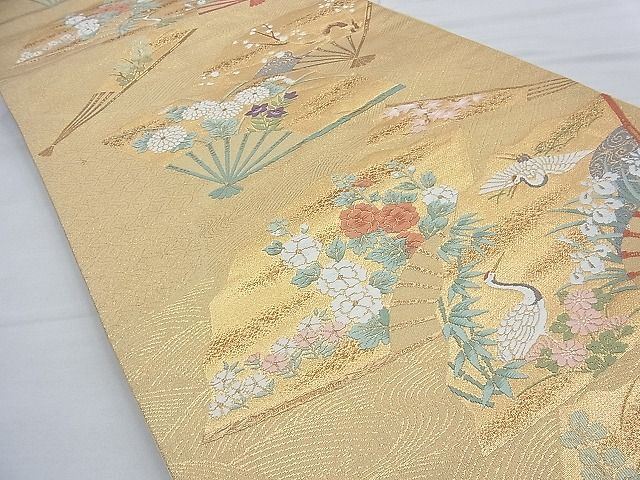 平和屋着物◎六通柄袋帯 唐織 扇面鶴花文 金糸 逸品 BAAE7705du
