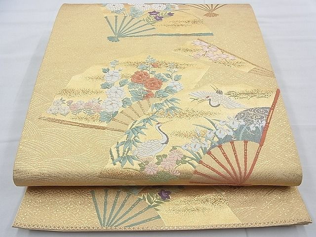 平和屋着物◎六通柄袋帯 唐織 扇面鶴花文 金糸 逸品 BAAE7705du