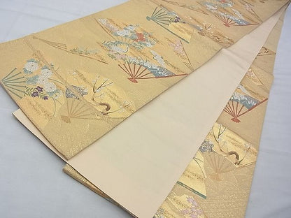 平和屋着物◎六通柄袋帯 唐織 扇面鶴花文 金糸 逸品 BAAE7705du