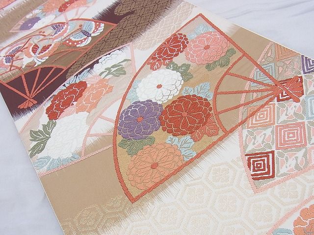 平和屋着物◎六通柄袋帯 唐織 扇面花蝶文 金糸 逸品 BAAF0054th