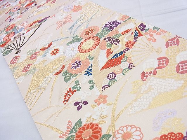 平和屋着物◎六通柄袋帯 唐織 扇面双鶴花文 金糸 逸品 BAAF0060th