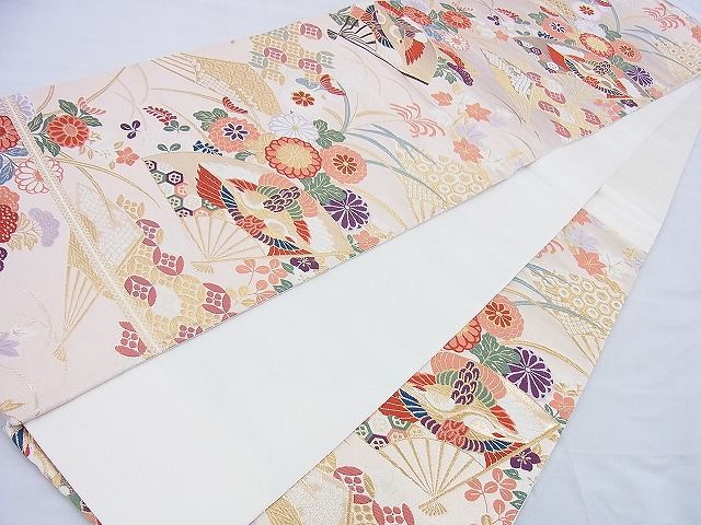 平和屋着物◎六通柄袋帯 唐織 扇面双鶴花文 金糸 逸品 BAAF0060th