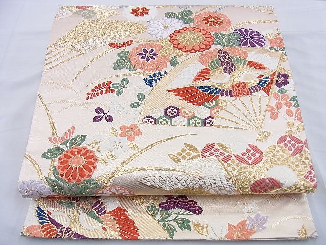 平和屋着物◎六通柄袋帯 唐織 扇面双鶴花文 金糸 逸品 BAAF0060th