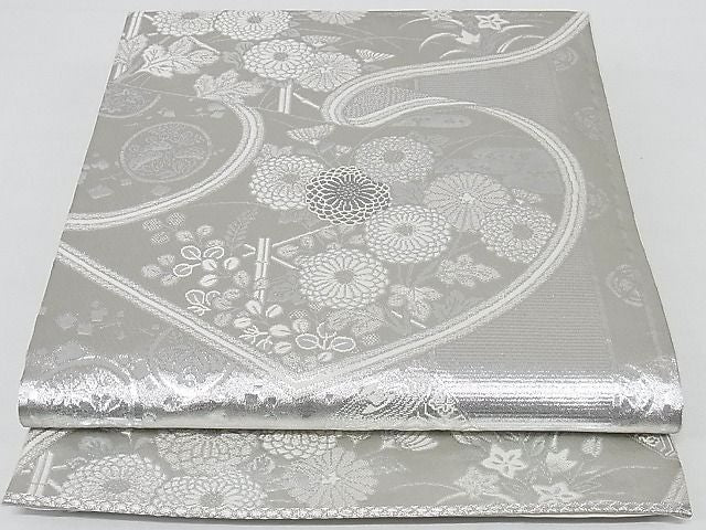 平和屋着物◎六通柄袋帯 絵巻花文 プラチナ二重織 正絹 逸品 AAAG8409Abw