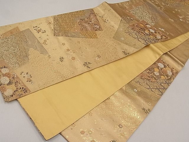 平和屋着物◎六通柄袋帯 色紙重ね流水花鳥文 金銀糸 逸品
