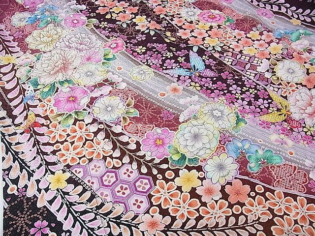 平和屋本店●極上 振袖 辻が花 舞蝶花文 絞り 暈し染め 金銀彩 金通し地 逸品 DZAA0942kh4