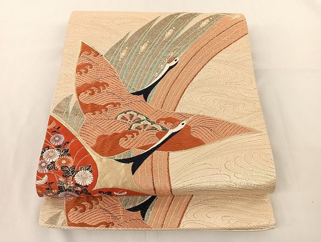 平和屋着物◎六通柄袋帯 唐織 飛鶴花蝶文 金糸 正絹 逸品 AAAG5573Bfw