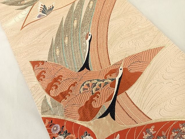 平和屋着物◎六通柄袋帯 唐織 飛鶴花蝶文 金糸 正絹 逸品 AAAG5573Bfw