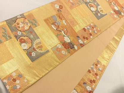 平和屋着物◎六通柄袋帯 唐織 色紙鴛鴦草花文 金銀糸 正絹 逸品 AAAG5575Bfw