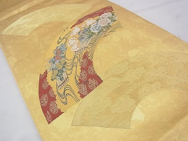平和屋着物◎太鼓柄袋帯 唐織 地紙草花文 金糸 引箔 逸品 BAAF5644fk