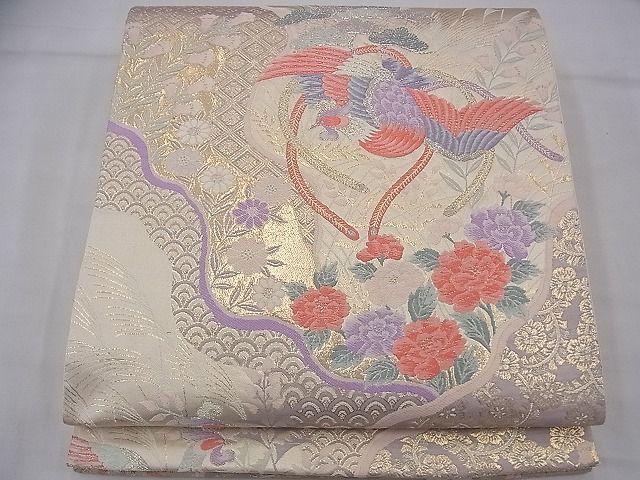 【着】19545o 袋帯　六通柄　変わり市松に菱と鳳凰文様　着物 平和屋着物◎六通柄袋帯 菱松文様 金銀糸 鈴乃屋扱い 逸品