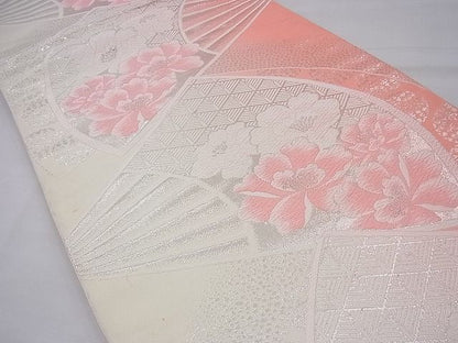 平和屋着物◎六通柄袋帯 唐織 扇面花文 銀糸 逸品 BAAF5709fk