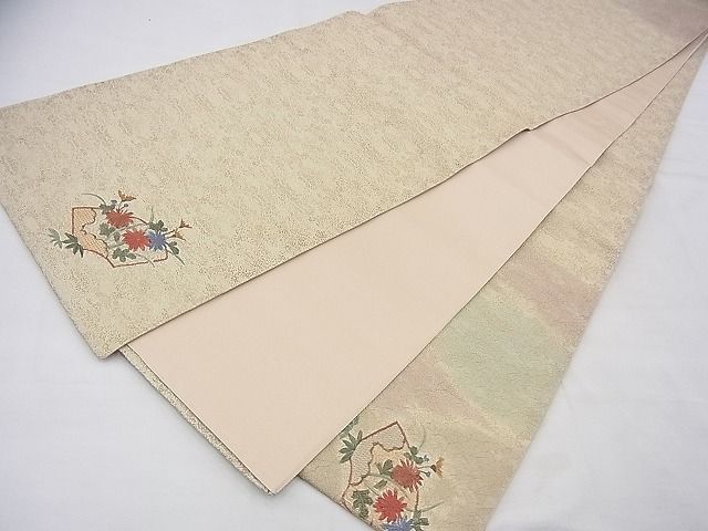 平和屋着物◎太鼓柄袋帯 刺繍 地紙鳳凰花文 金糸 逸品 BAAF5810fk