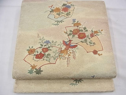 平和屋着物◎太鼓柄袋帯 刺繍 地紙鳳凰花文 金糸 逸品 BAAF5810fk
