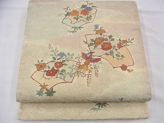 平和屋着物◎太鼓柄袋帯 刺繍 地紙鳳凰花文 金糸 逸品 BAAF5810fk
