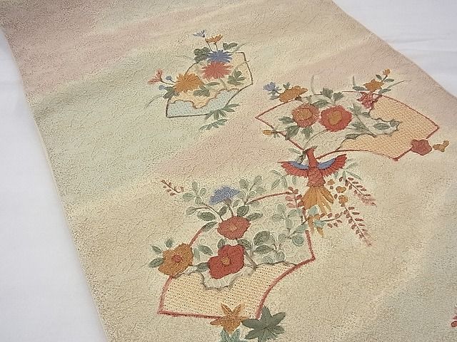 平和屋着物◎太鼓柄袋帯 刺繍 地紙鳳凰花文 金糸 逸品 BAAF5810fk