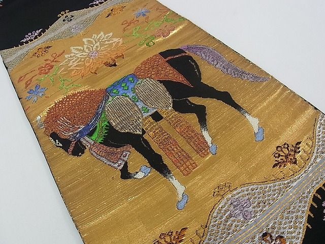 平和屋本店●最高級　龍村平蔵製　六通太鼓柄　本袋帯　天笠装駒錦　黒地　金銀糸　逸品　CZAA0382s4