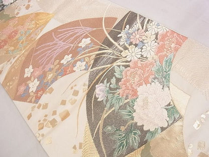 平和屋着物◎六通柄袋帯 唐織 地紙重ね流水草花文 金糸 逸品 CAAE4102eg
