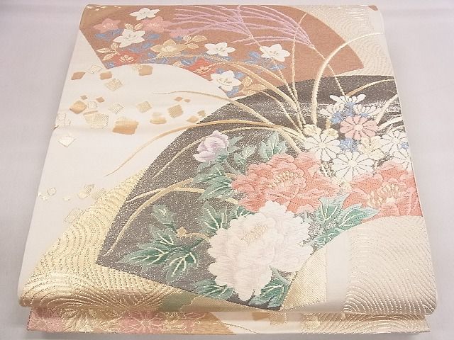 平和屋着物◎六通柄袋帯 唐織 地紙重ね流水草花文 金糸 逸品 CAAE4102eg