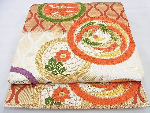 平和屋着物◎六通柄袋帯 唐織 花鳥丸文 金糸 逸品 BAAF5917wk