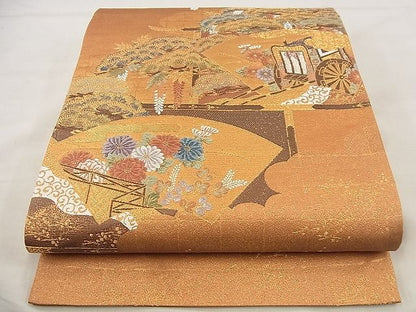 平和屋着物◎太鼓柄袋帯 唐織 地紙御所車花文 金糸 逸品 BAAF1467qt