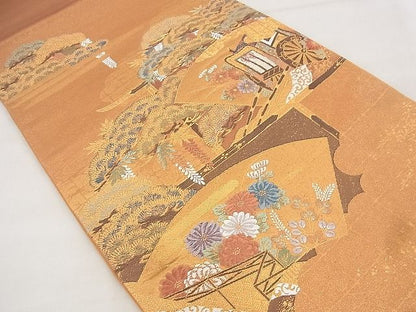 平和屋着物◎太鼓柄袋帯 唐織 地紙御所車花文 金糸 逸品 BAAF1467qt