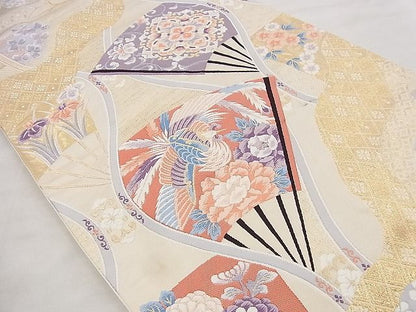 平和屋着物◎六通柄袋帯 唐織 立涌扇面花鳥文 金糸 逸品 BAAF1479qt