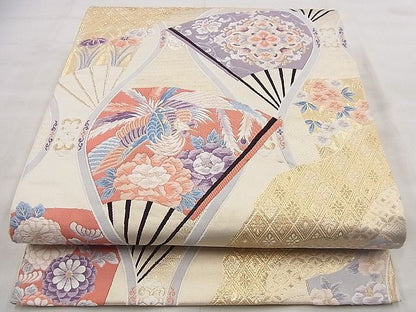 平和屋着物◎六通柄袋帯 唐織 立涌扇面花鳥文 金糸 逸品 BAAF1479qt
